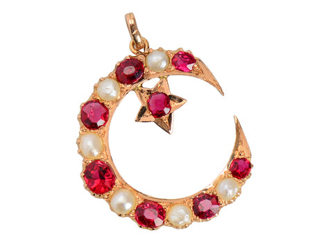 Edwardian Crescent Moon Star Ruby Pendant