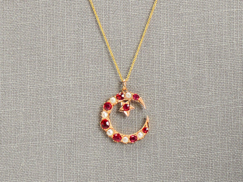 Edwardian Crescent Moon Star Ruby Pendant