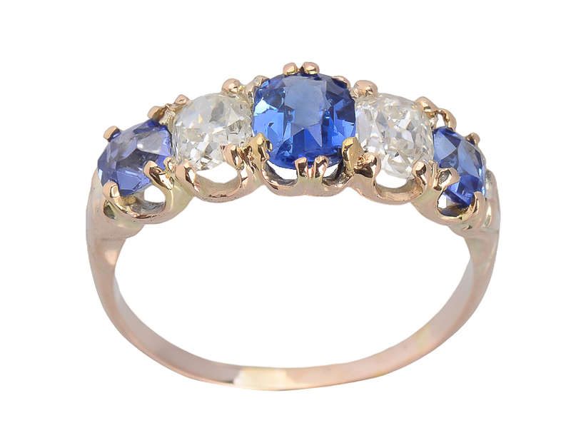 No Heat Ceylon Sapphire Diamond Five Stone Ring