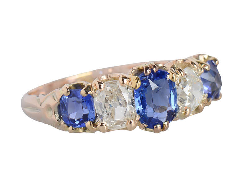 No Heat Ceylon Sapphire Diamond Five Stone Ring