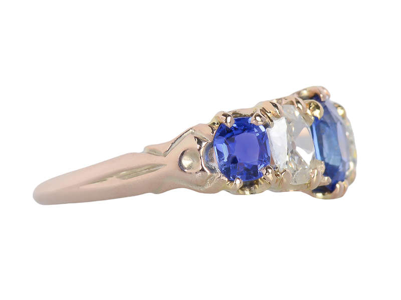 No Heat Ceylon Sapphire Diamond Five Stone Ring