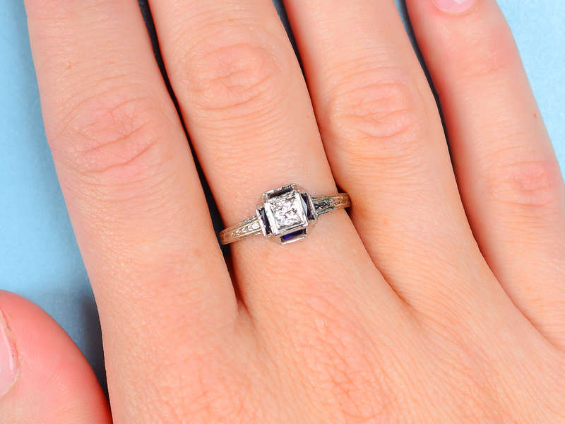 Art Deco Belais Diamond Sapphire Engagement Ring