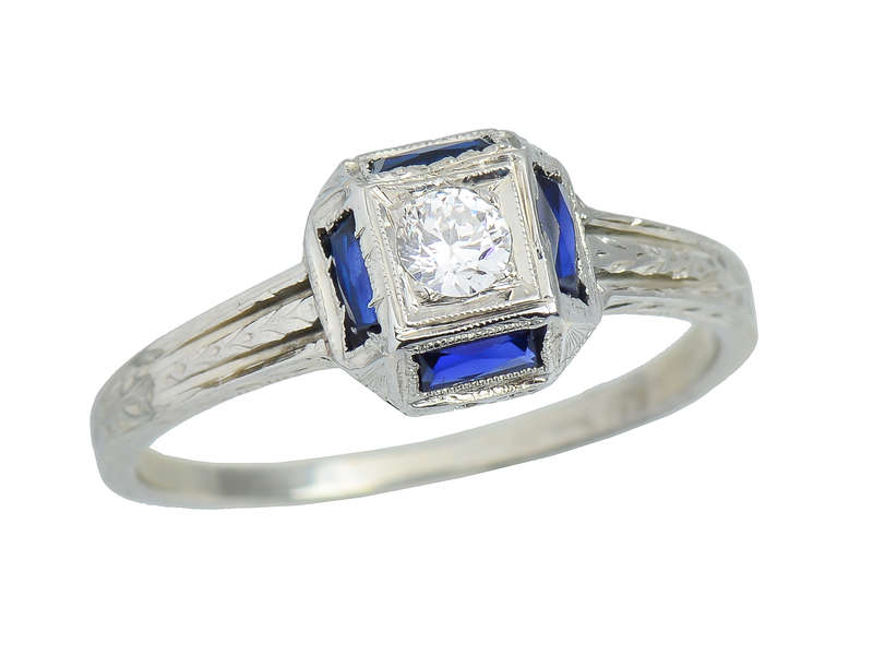 Art Deco Belais Diamond Sapphire Engagement Ring