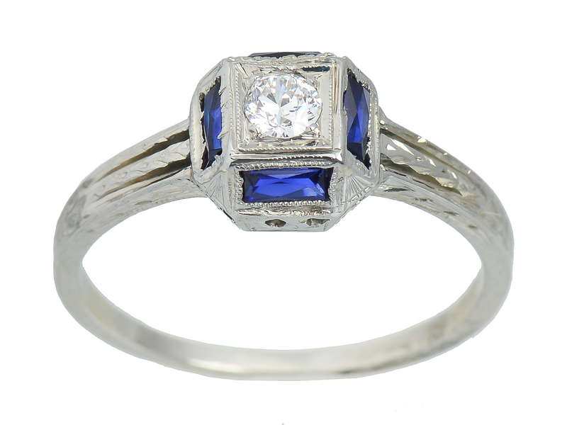 Art Deco Belais Diamond Sapphire Engagement Ring