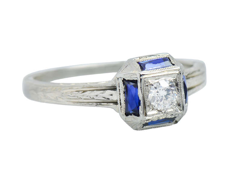 Art Deco Belais Diamond Sapphire Engagement Ring