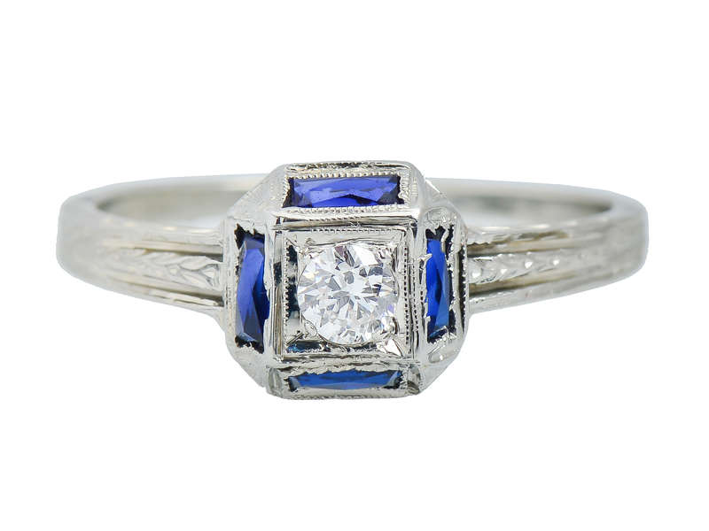 Art Deco Belais Diamond Sapphire Engagement Ring