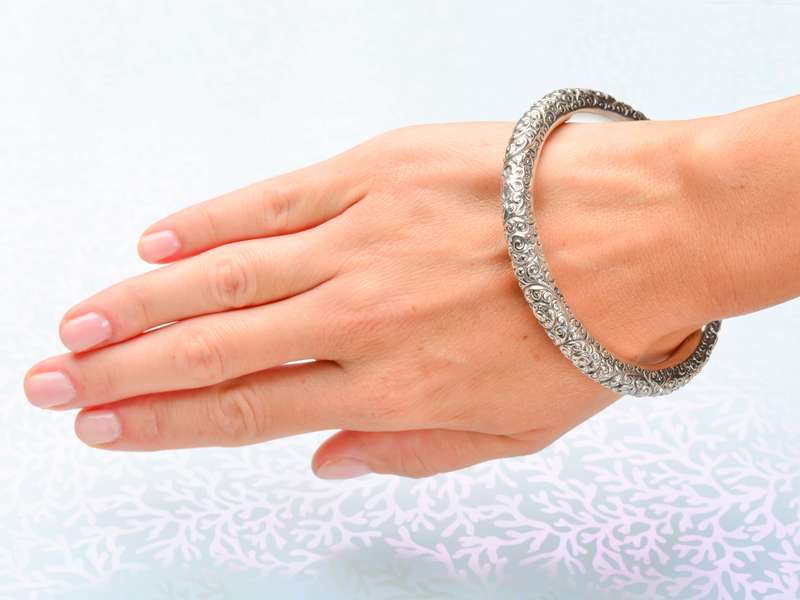 Antique Sterling Silver Repouss Bangle with Initials