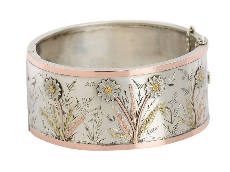 Victorian Sunflower Silver Bangle Bracelet