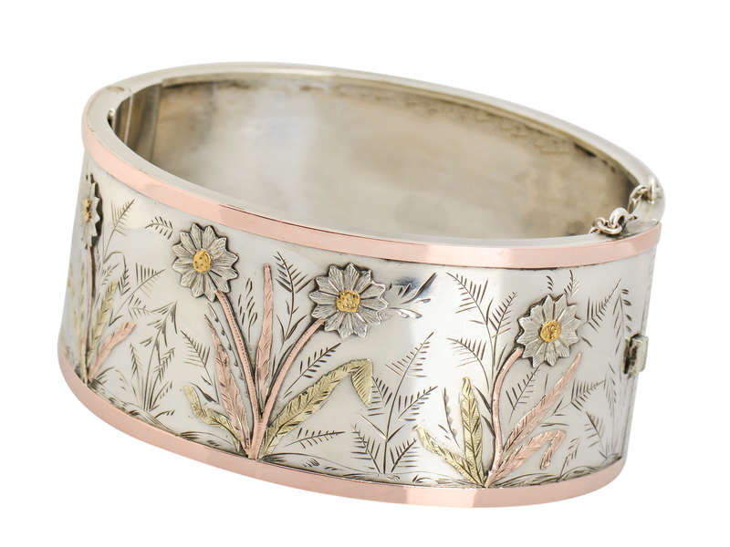 Victorian Sunflower Silver Bangle Bracelet