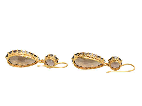 Smoky Quartz Two Drop Teardrop Gold Earrings