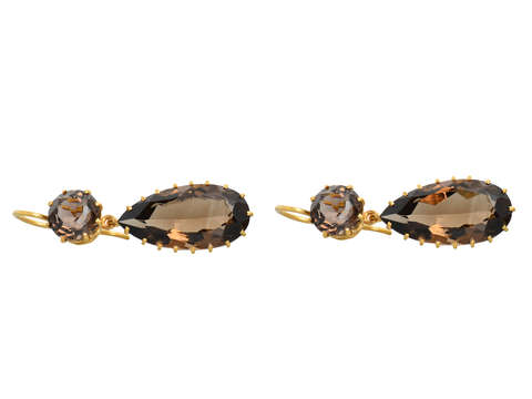 Smoky Quartz Two Drop Teardrop Gold Earrings