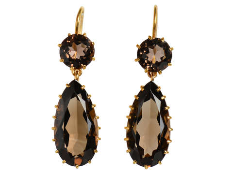 Smoky Quartz Two Drop Teardrop Gold Earrings