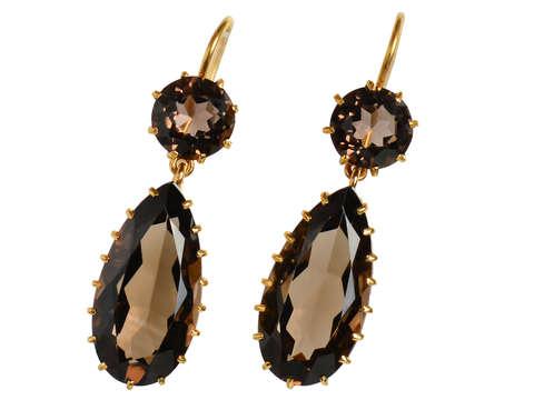 Smoky Quartz Two Drop Teardrop Gold Earrings