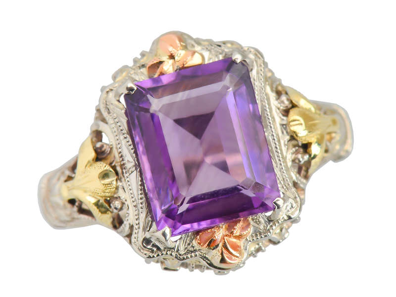 Three Color Gold Amethyst Vintage Ring