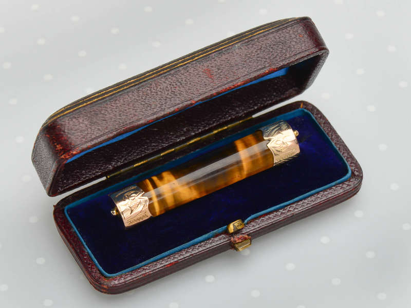 Tiger's Eye Gold Brooch in Original Box