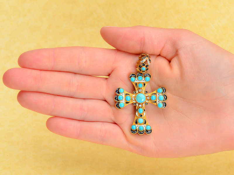 Victorian Renaissance Revival Turquoise Enamel Cross