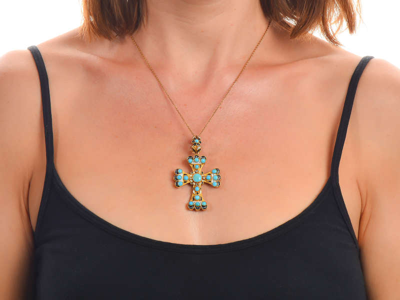 Victorian Renaissance Revival Turquoise Enamel Cross