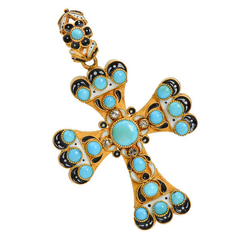 Victorian Renaissance Revival Turquoise Enamel Cross