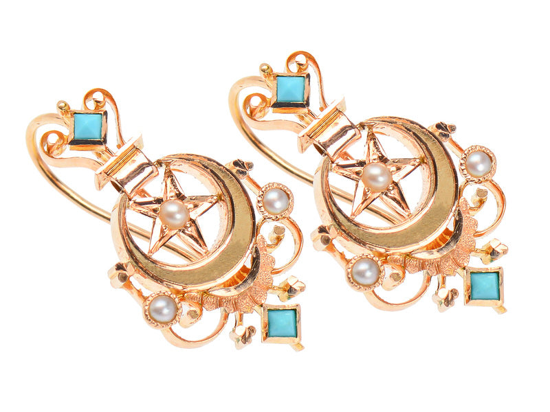 Crescent Moon Star Antique Earrings