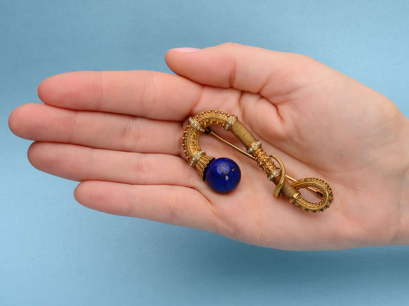 Victorian Etruscan Revival Lapis Lazuli Brooch