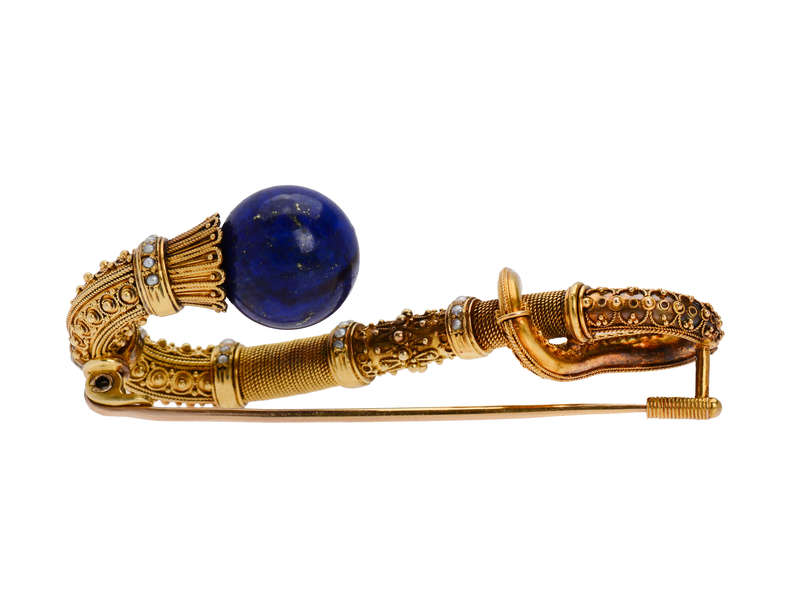 Victorian Etruscan Revival Lapis Lazuli Brooch