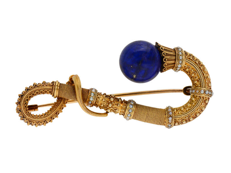 Victorian Etruscan Revival Lapis Lazuli Brooch