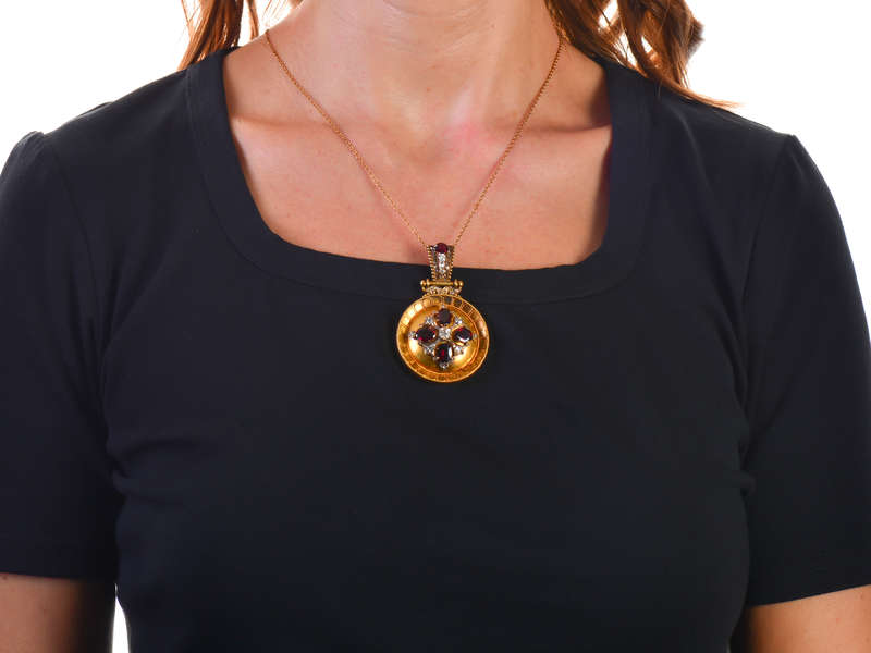 
                      
                        Opulent Victorian Garnet Diamond Etruscan Revival Pendant
                      
                    
