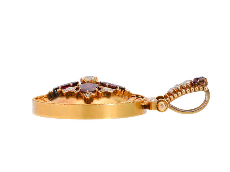 Opulent Victorian Garnet Diamond Etruscan Revival Pendant