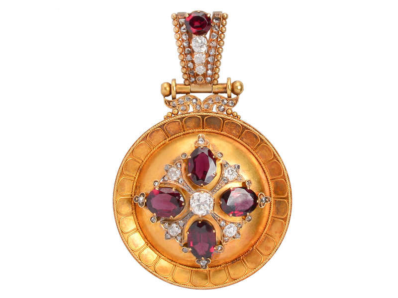 Opulent Victorian Garnet Diamond Etruscan Revival Pendant