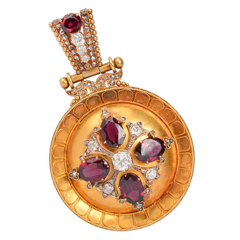 Opulent Victorian Garnet Diamond Etruscan Revival Pendant