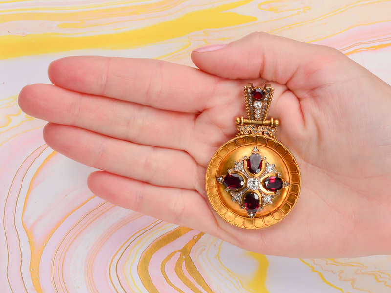 Opulent Victorian Garnet Diamond Etruscan Revival Pendant