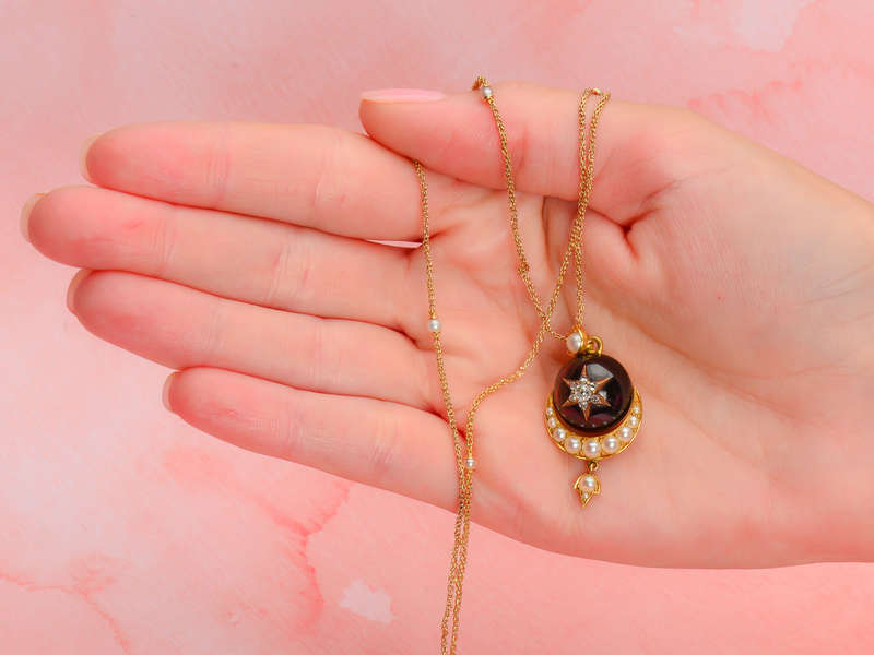Victorian Garnet Moon & Star Pendant & Chain