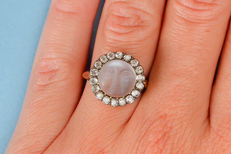 Victorian Man in the Moon Blue Moonstone Ring