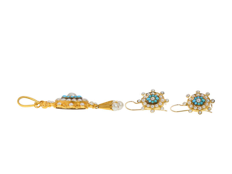 Victorian Pearl & Turquoise Demi Parure in Box