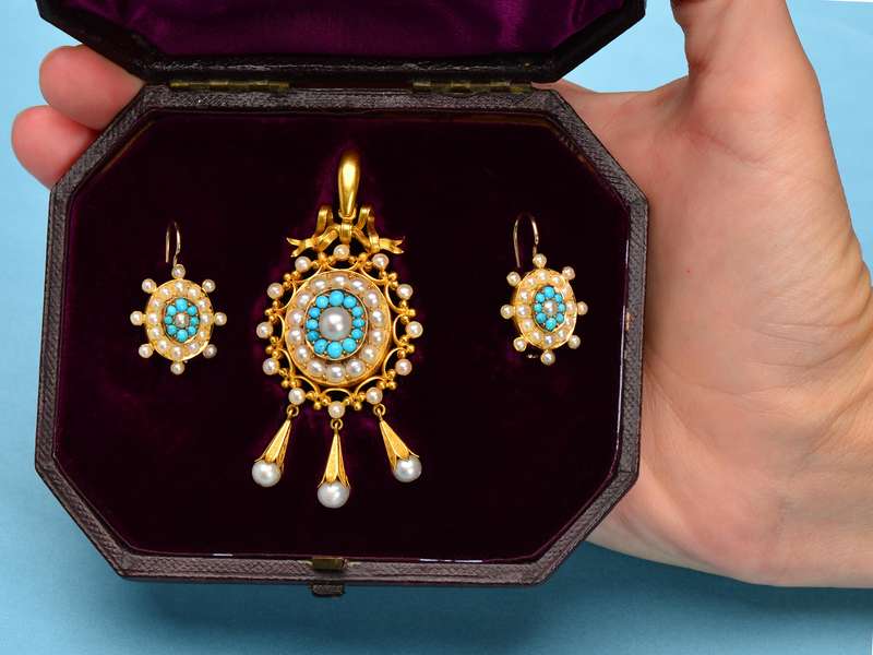 Victorian Pearl & Turquoise Demi Parure in Box