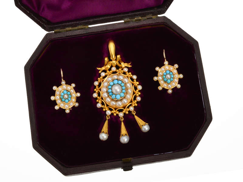 Victorian Pearl & Turquoise Demi Parure in Box