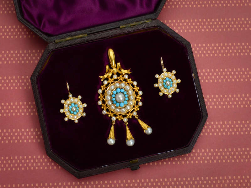 Victorian Pearl & Turquoise Demi Parure in Box