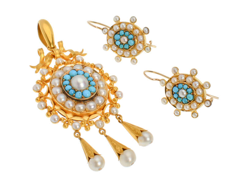 Victorian Pearl & Turquoise Demi Parure in Box