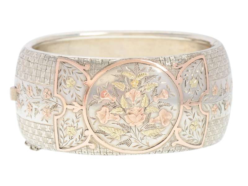 Abundance - Victorian Rose, Yellow Gold & Silver Bangle
