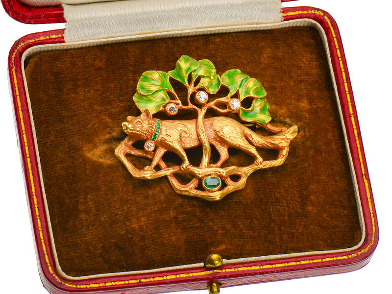 Tessier's Art Nouveau Fox & Tree Brooch in Box