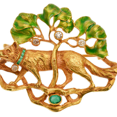 Tessier's Art Nouveau Fox & Tree Brooch in Box