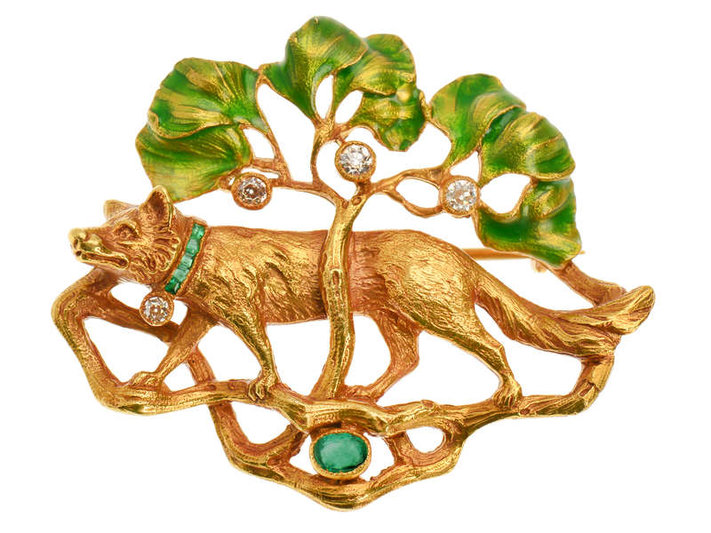 Tessier's Art Nouveau Fox & Tree Brooch in Box