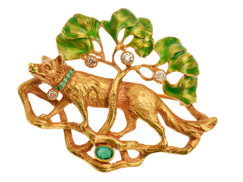 Tessier's Art Nouveau Fox & Tree Brooch in Box