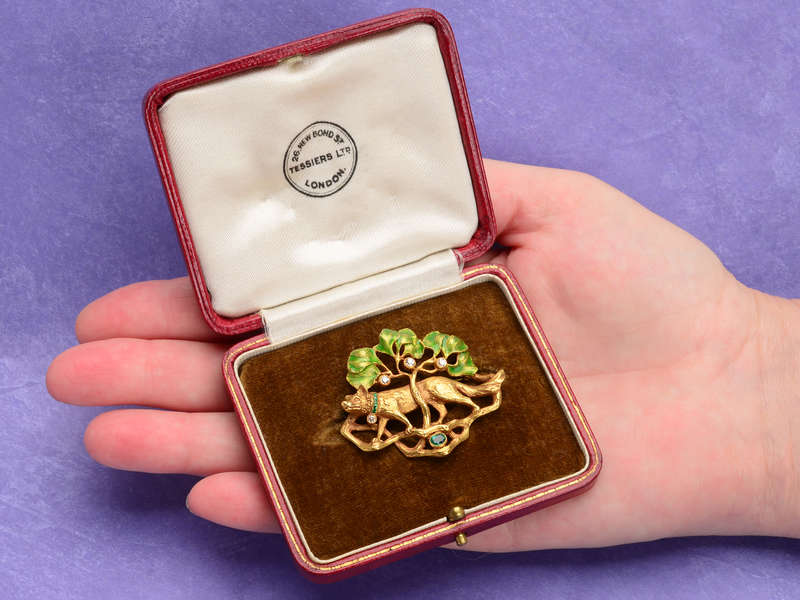 Tessier's Art Nouveau Fox & Tree Brooch in Box