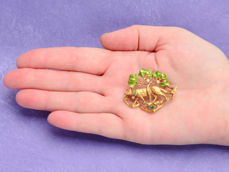 Tessier's Art Nouveau Fox & Tree Brooch in Box