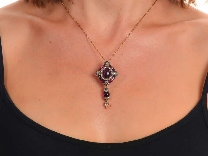 Antique French Holbeinesque Garnet Pendant Brooch