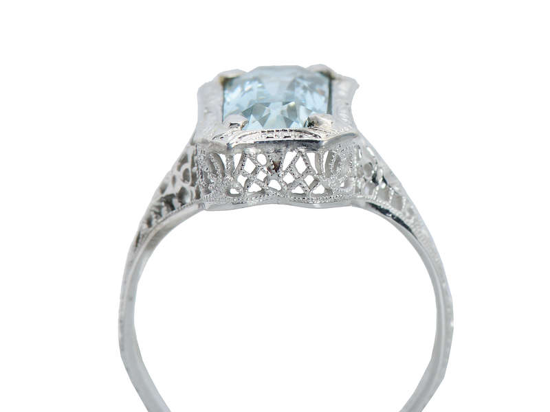Aquamarine Allure- Vintage Filigree White Gold Ring