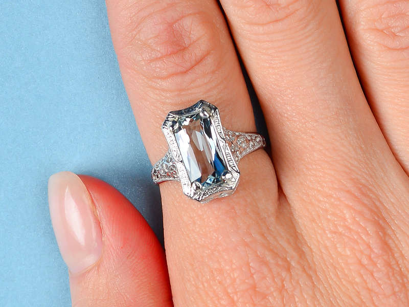 
                      
                        Aquamarine Allure- Vintage Filigree White Gold Ring
                      
                    