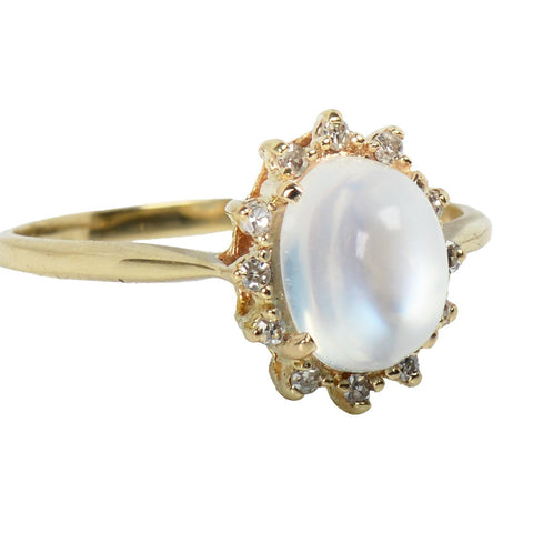 Vintage Blue Flash Moonstone Diamond Gold RIng
