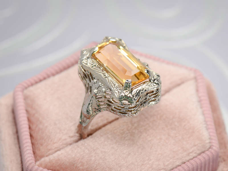 Peacock Themed Art Deco Citrine Ring